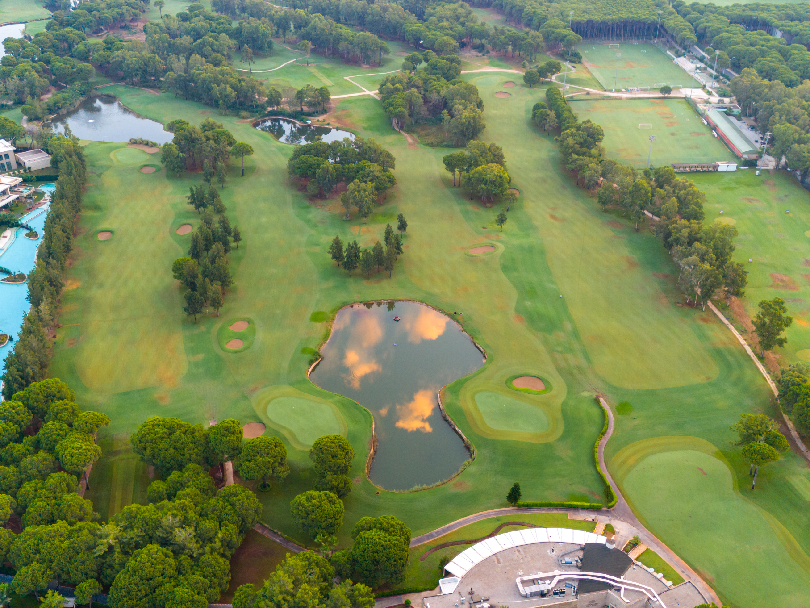 Aerial view of a wellness golf estate design featuring integrated fitness trails and zen gardens